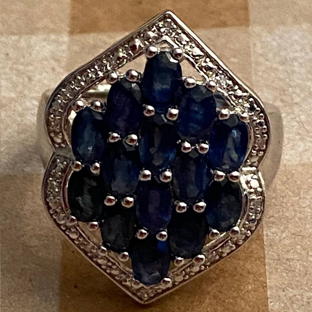 925 Sterling Silver Ring -White CZ & Sapphire Crystals in Cluster- size 7